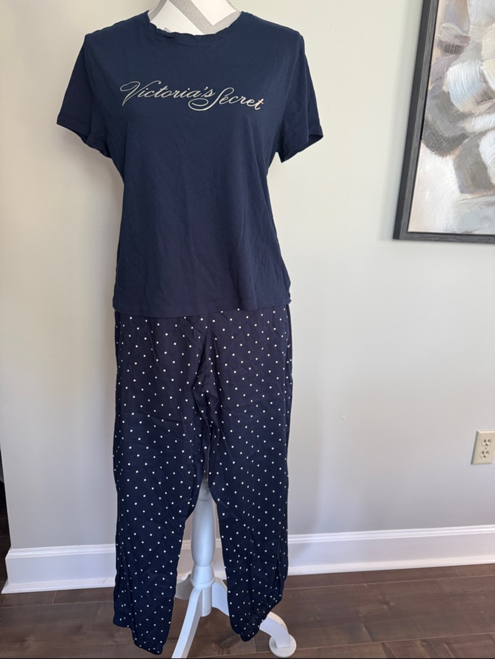 Victoria's Secret Navy Script Logo Tee with Navy Polka Dot Pajama Pants NWOT